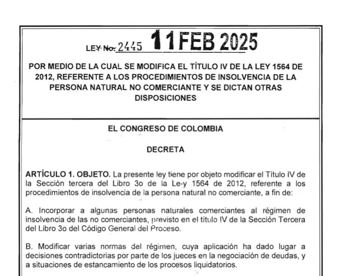 Resumen de la Ley 2445 de 2025 en Colombia: Cambios en la insolvencia de personas naturales y pequeños comerciantes. Modificaciones clave en la Ley 1564 de 2012 para flexibilizar la negociación de deudas y mejorar la protección patrimonial