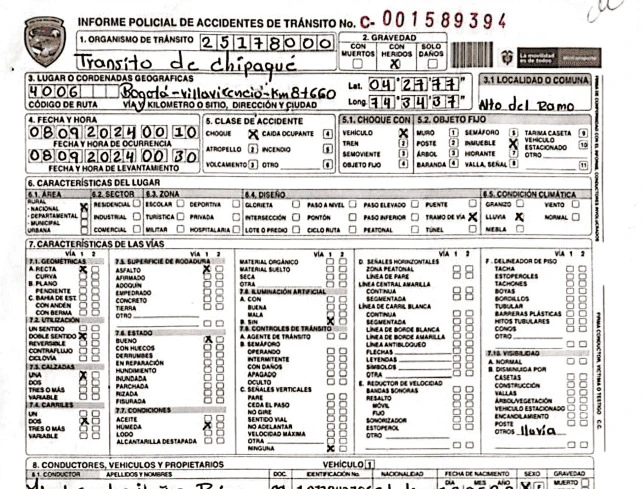 Formulario de solicitud de copia de un Informe Policial de Accidente de Tránsito (IPAT) con sello de autoridad de tránsito